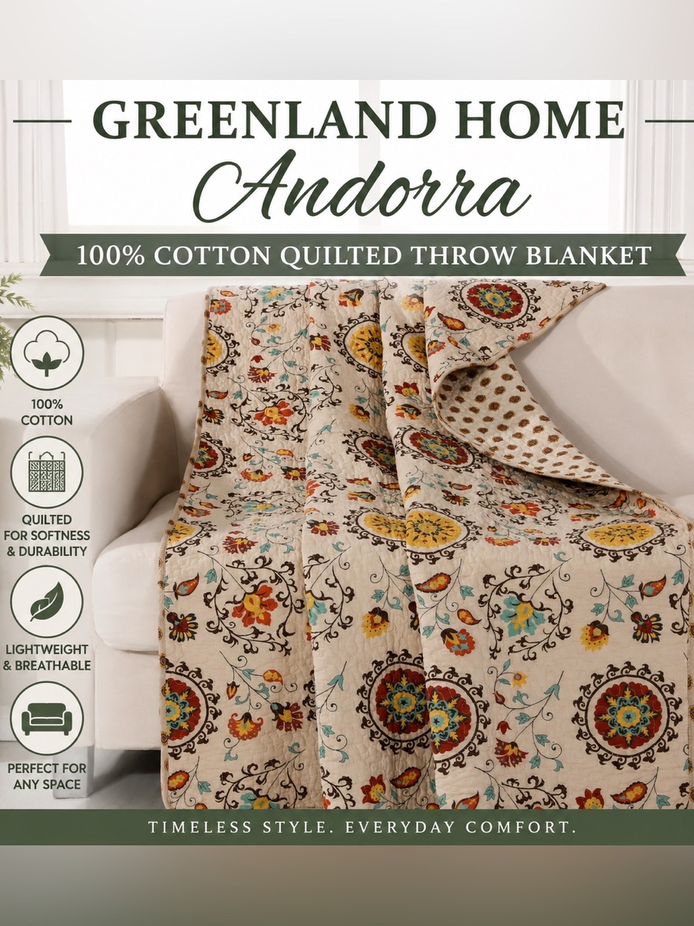 Greenland Home Andorra Quilted Throw Blanket 50x60 Boho Cotton NWT